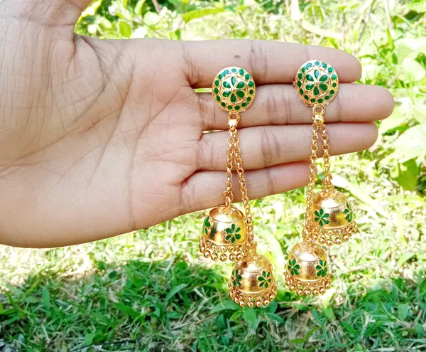 Assamese_Traditional_Gold_Plated_Green_Double_Jhumka_Earring_For_Girls_&_Women